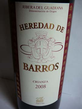 Heredad de Barros Crianza, Ribera del Guadiana DOC, 2008 Heredad de Barros Crianza, Ribera del Guadiana DOC, 2008