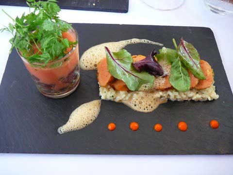 Fleur de courgette, tartare de thon, velouté frais de tomates, céleri rémoulade Fleur de courgette, tartare de thon, velouté frais de tomates, céleri rémoulade