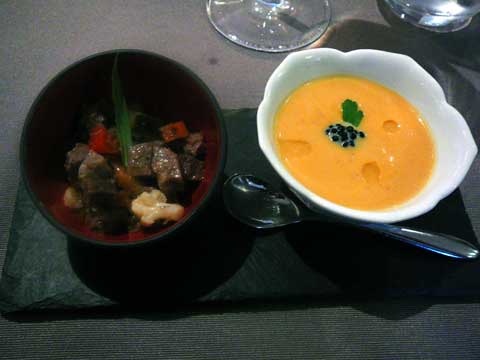 Velouté de patates douces et oeuf de haddock & Pot au feu du chef en salade