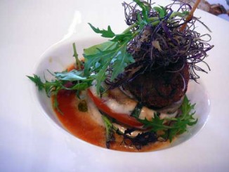 Mille-Feuilles d'aubergines violettes façon parmigiana, avec mozzarella fior di latte sur coulis de tomates au basilic