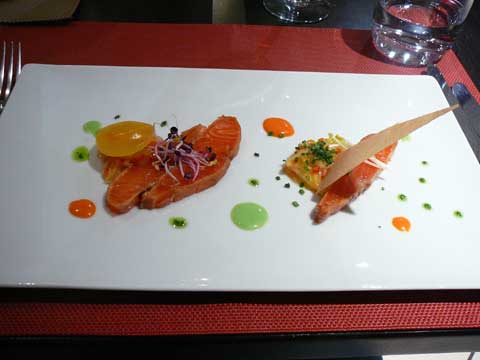 Tataki de truite du Jura, râpé de mangue, gingembre et citron vert