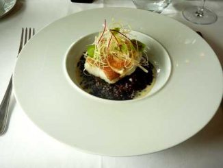 Pavé de dorade sébaste rôti, lentilles béluga cuites au vin rouge