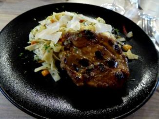 Echine de porc au cidre, tagliatelles fraîches aux légumes de saison