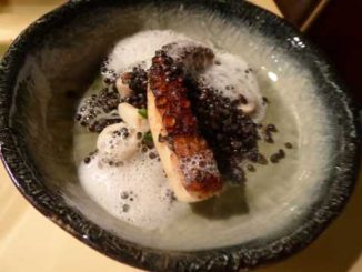 Poulpe rôti, lentilles beluga croquantes