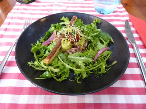 Tartare de thon à la niçoise, pistou de courgette, feuilles folles et diablotin aux olives Kalamata