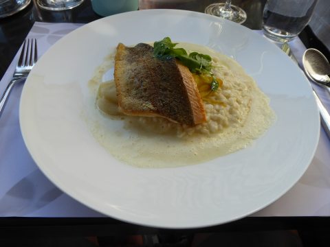 Filet de truite saumonée, risotto, endive à l'orange