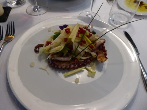 Poulpe grillé, fenouil, pomme verte, grenade
