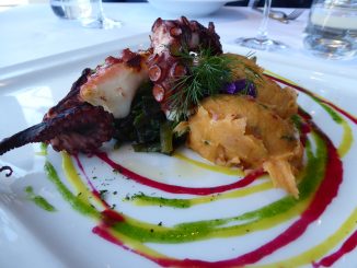 Polpo grigliato con purea di patateconpomodori secchi, rucola con salsa verde e alghe di mare