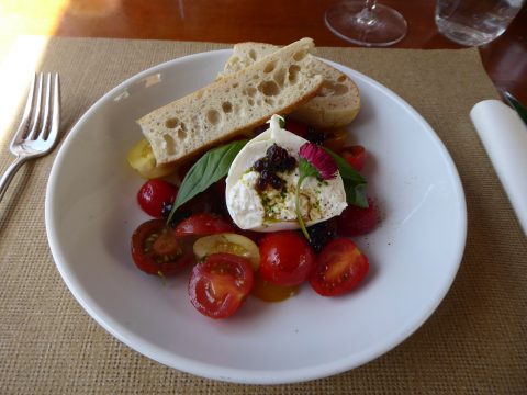 Variation de tomates, burrata, huile au basilic, perles de balsamique et focaccia maison