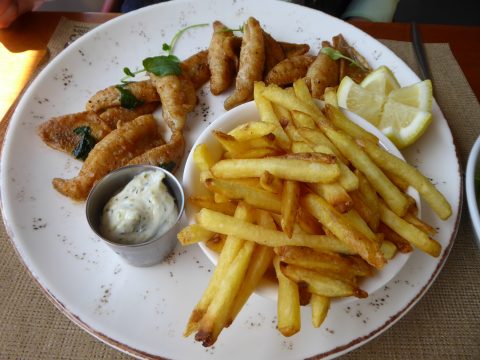Filets de perche meunière, sauce tartare maison, salade verte de saison, pommes frites