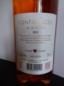Confidences Oeil de Perdrix 2019, La Cave de Genève